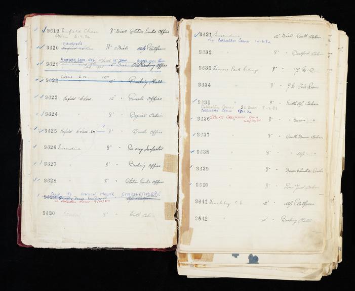 Pages 15 and 16 of London & North Eastern Railway and successors clock record ledger no. 3 covering clock nos. 9619 to 9642