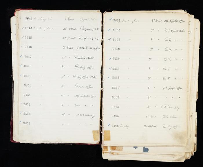 Pages 17 and 18 of London & North Eastern Railway and successors clock record ledger no. 3 covering clock nos. 9643 to 9666