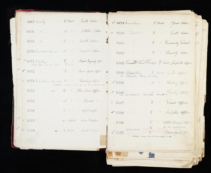 Pages 19 and 20 of London & North Eastern Railway and successors clock record ledger no. 3 covering clock nos. 9667 to 9690