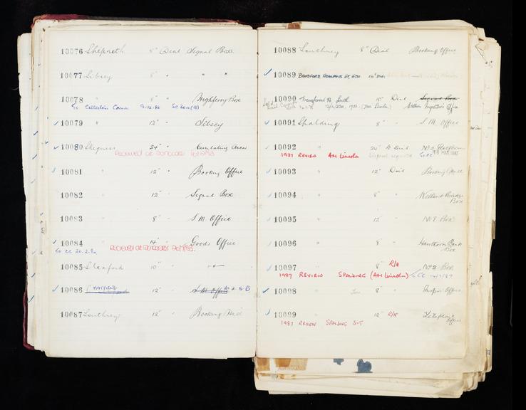 Pages 53 and 54 of London & North Eastern Railway and successors clock record ledger no. 3 covering clock nos. 10076 to 10099