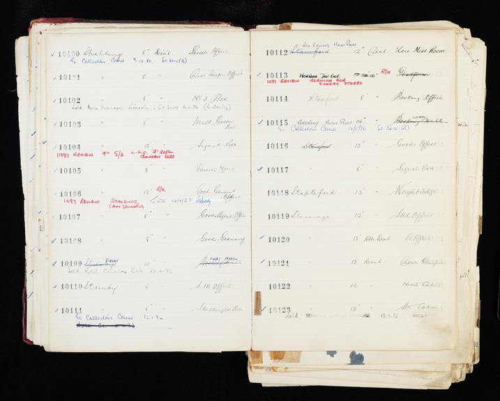 Pages 55 and 56 of London & North Eastern Railway and successors clock record ledger no. 3 covering clock nos. 10100 to 10123