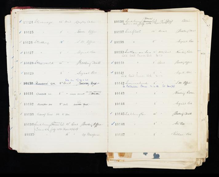 Pages 57 and 58 of London & North Eastern Railway and successors clock record ledger no. 3 covering clock nos. 10124 to 10147