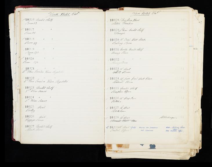 Pages 73 and 74 of London & North Eastern Railway and successors clock record ledger no. 3 covering clock nos. 10316 to 10339