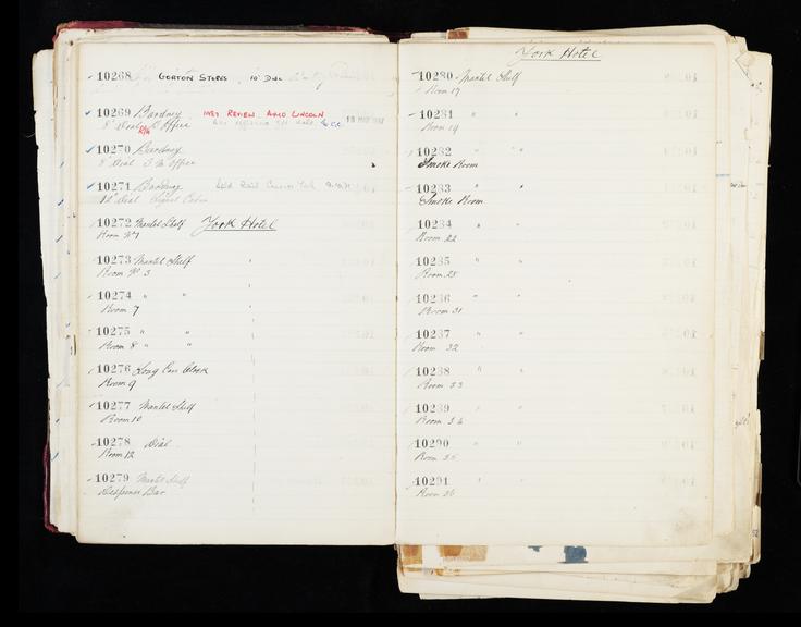 Pages 69 and 70 of London & North Eastern Railway and successors clock record ledger no. 3 covering clock nos. 10268 to 10291