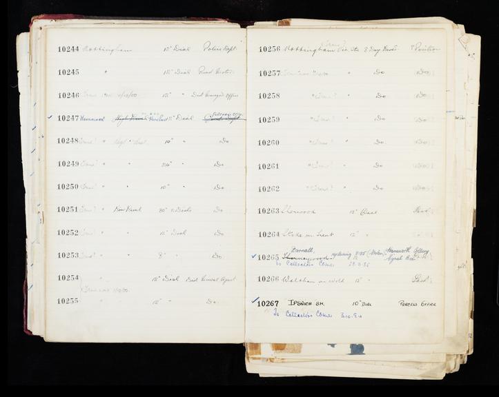 Pages 67 and 68 of London & North Eastern Railway and successors clock record ledger no. 3 covering clock nos. 10244 to 10267