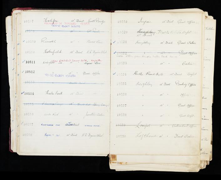 Pages 89 and 90 of London & North Eastern Railway and successors clock record ledger no. 3 covering clock nos. 10507 to 10530