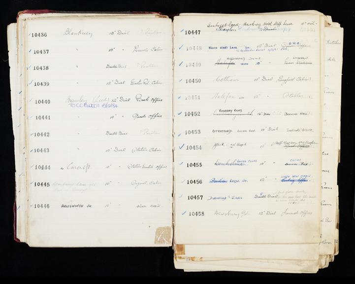 Pages 83 and 84 of London & North Eastern Railway and successors clock record ledger no. 3 covering clock nos. 10436 to 10458