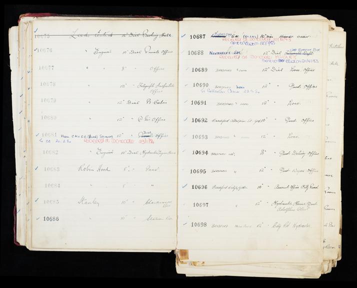 Pages 103 and 104 of London & North Eastern Railway and successors clock record ledger no. 3 covering clock nos. 10675 to 10698