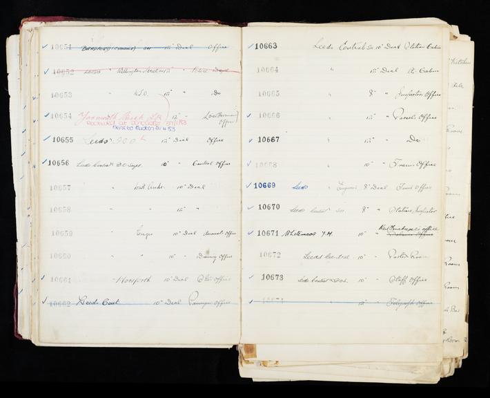 Pages 101 and 102 of London & North Eastern Railway and successors clock record ledger no. 3 covering clock nos. 10651 to 10674