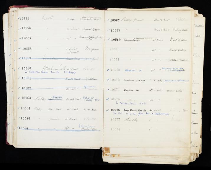 Pages 93 and 94 of London & North Eastern Railway and successors clock record ledger no. 3 covering clock nos. 10555 to 10578