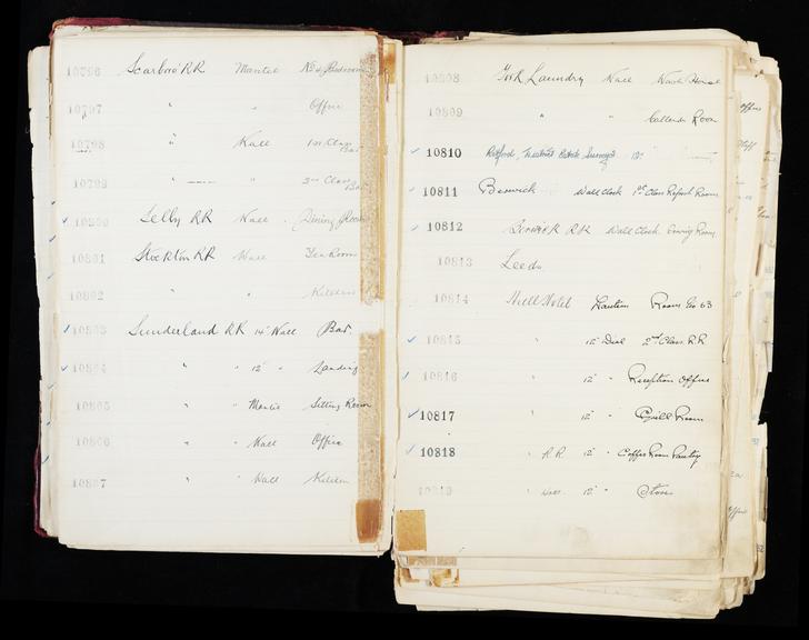 Pages 113 and 114 of London & North Eastern Railway and successors clock record ledger no. 3 covering clock nos. 10796 to 10819