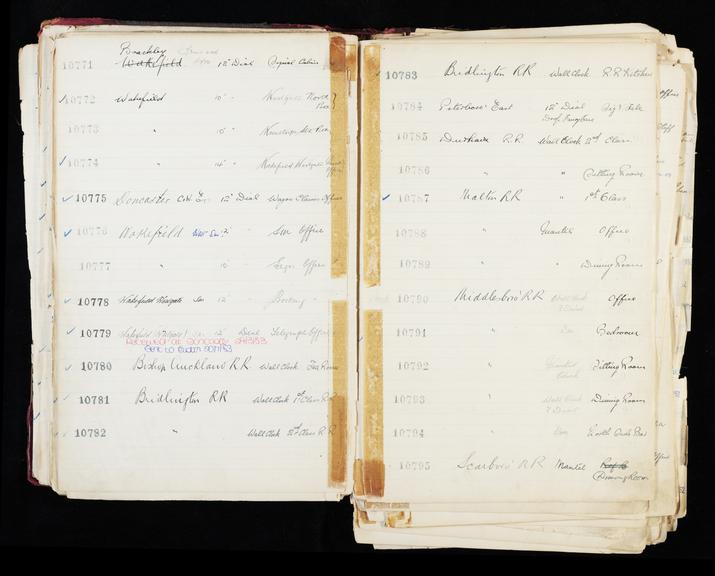 Pages 111 and 112 of London & North Eastern Railway and successors clock record ledger no. 3 covering clock nos. 10771 to 10795