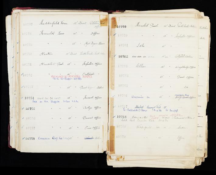 Pages 109 and 110 of London & North Eastern Railway and successors clock record ledger no. 3 covering clock nos. 10747 to 10770