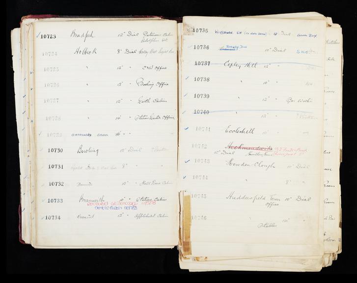 Pages 107 and 108 of London & North Eastern Railway and successors clock record ledger no. 3 covering clock nos. 10723 to 10746