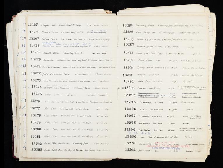 Pages 289 and 290 of London & North Eastern Railway and successors clock record ledger no. 3 covering clock nos. 13265 to 13302