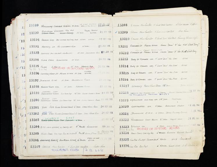 Pages 285 and 286 of London & North Eastern Railway and successors clock record ledger no. 3 covering clock nos. 13189 to 13226