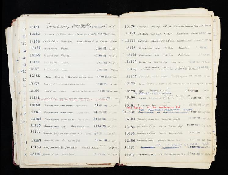 Pages 283 and 284 of London & North Eastern Railway and successors clock record ledger no. 3 covering clock nos. 13151 to 13188