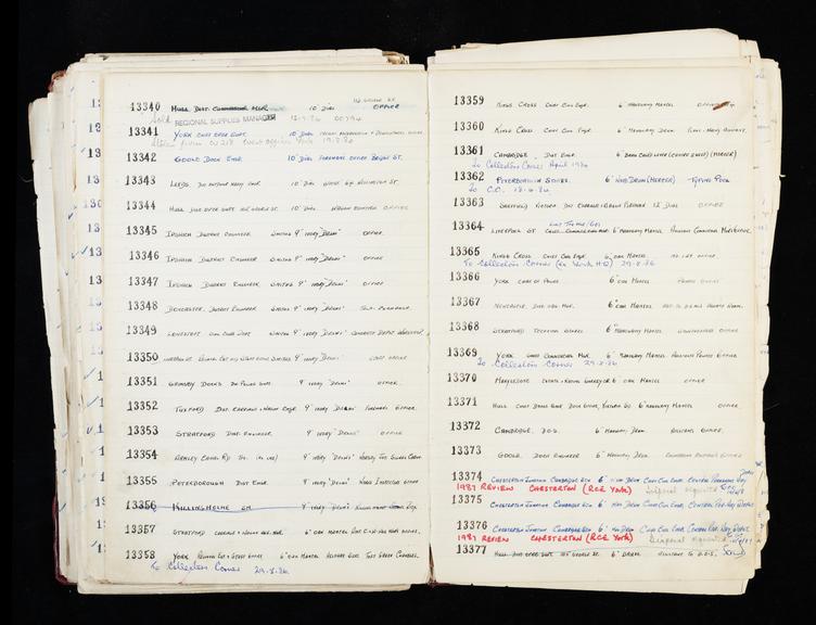 Pages 293 and 294 of London & North Eastern Railway and successors clock record ledger no. 3 covering clock nos. 13340 to 13377