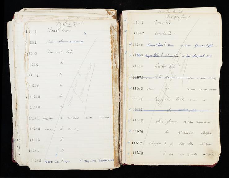 Pages 317 and 318 of London & North Eastern Railway and successors clock record ledger no. 3 covering [Midland and South Western Junction Railway] M&SW clock nos. 11553 to 11578