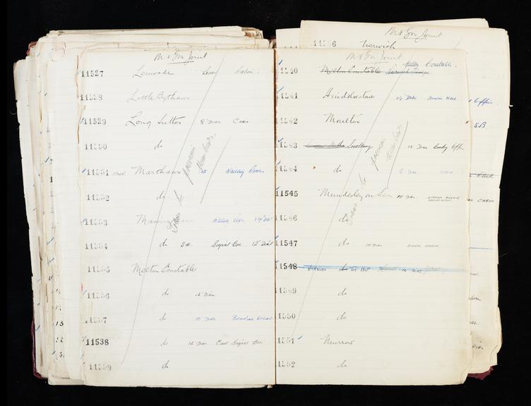 Pages 315 and 316 of London & North Eastern Railway and successors clock record ledger no. 3 covering [Midland and South Western Junction Railway] M&SW clock nos. 11527 to 11552