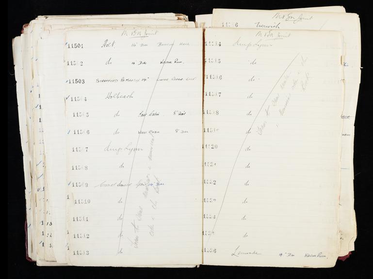 Pages 313 and 314 of London & North Eastern Railway and successors clock record ledger no. 3 covering [Midland and South Western Junction Railway] M&SW clock nos. 11501 to 11526