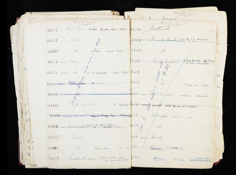 Pages 311 and 312 of London & North Eastern Railway and successors clock record ledger no. 3 covering [Midland and South Western Junction Railway] M&SW clock nos. 11475 to 11500