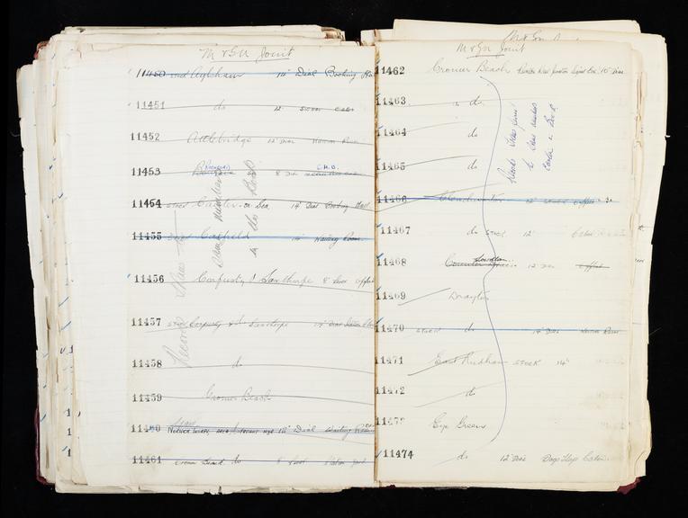 Pages 309 and 310 of London & North Eastern Railway and successors clock record ledger no. 3 covering [Midland and South Western Junction Railway] M&SW clock nos. 11450 to 11474