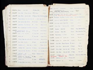 Pages 299 and 300 of London & North Eastern Railway and successors clock record ledger no. 3 covering clock nos. 13454 to 13491