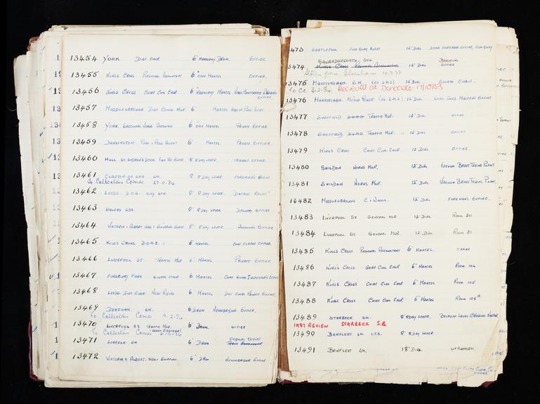 Pages 299 and 300 of London & North Eastern Railway and successors clock record ledger no. 3 covering clock nos. 13454 to 13491