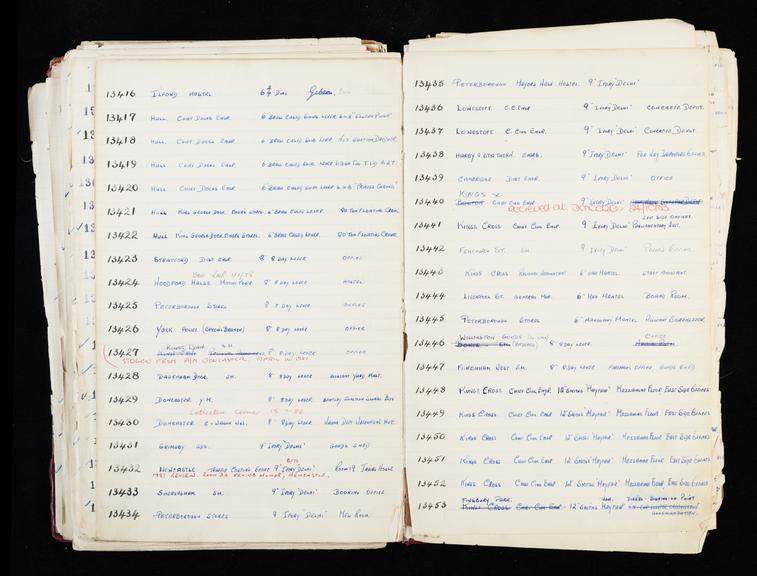 Pages 297 and 298 of London & North Eastern Railway and successors clock record ledger no. 3 covering clock nos. 13416 to 13453