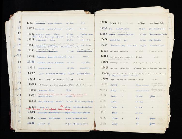 Pages 295 and 296 of London & North Eastern Railway and successors clock record ledger no. 3 covering clock nos. 13378 to 13415