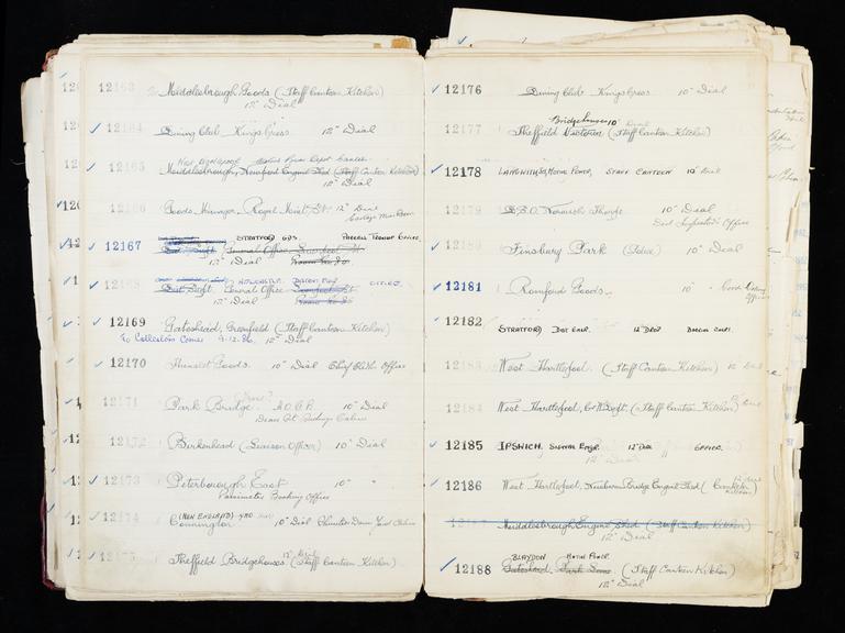 Pages 221 and 222 of London & North Eastern Railway and successors clock record ledger no. 3 covering clock nos. 12163 to 12188