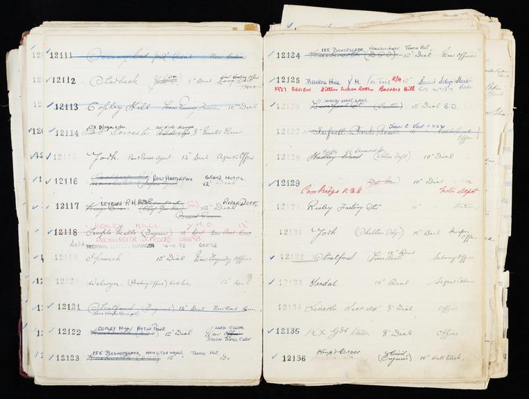 Pages 217 and 218 of London & North Eastern Railway and successors clock record ledger no. 3 covering clock nos. 12111 to 12136