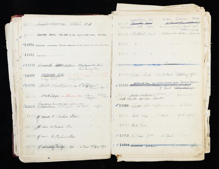 Pages 203 and 204 of London & North Eastern Railway and successors clock record ledger no. 3 covering clock nos. 11929 to 11954