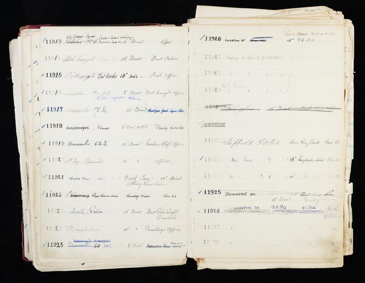 Pages 201 and 202 of London & North Eastern Railway and successors clock record ledger no. 3 covering clock nos. 11913 to 11928