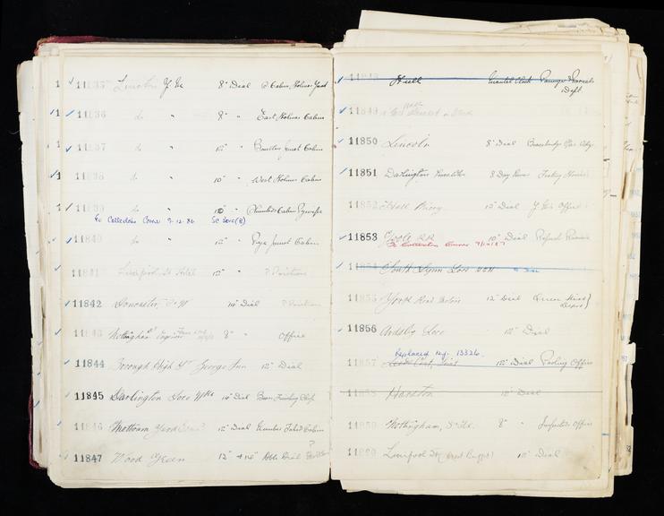 Pages 195 and 196 of London & North Eastern Railway and successors clock record ledger no. 3 covering clock nos. 11835 to 11860