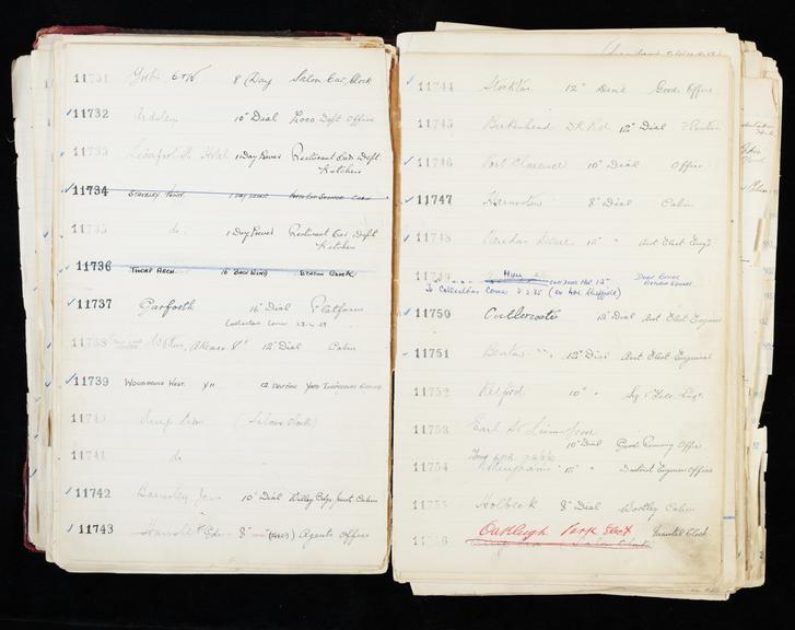 Pages 187 and 188 of London & North Eastern Railway and successors clock record ledger no. 3 covering clock nos. 11731 to 11756