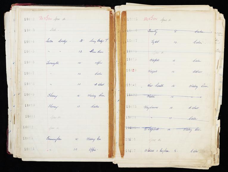 Pages 177 and 178 of London & North Eastern Railway and successors clock record ledger no. 3 covering [Midland and South Western Junction Railway] M&SW clock nos. 11602 to 11627