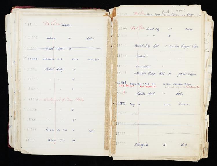 Pages 173 and 174 of London & North Eastern Railway and successors clock record ledger no. 3 covering [Midland and South Western Junction Railway] M&SW clock nos. 11551 to 11575