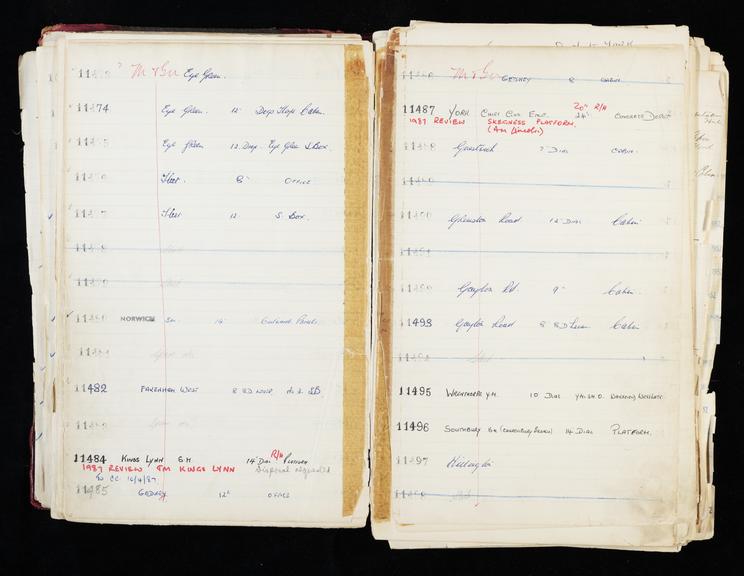 Pages 167 and 168 of London & North Eastern Railway and successors clock record ledger no. 3 covering [Midland and South Western Junction Railway] M&SW clock nos. 11473 to 11498