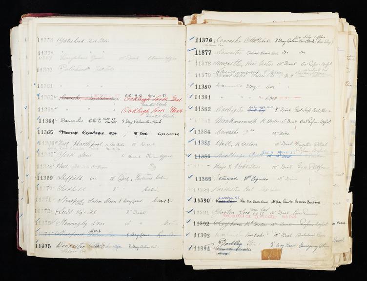 Pages 159 and 160 of London & North Eastern Railway and successors clock record ledger no. 3 covering clock nos. 11358 to 11394