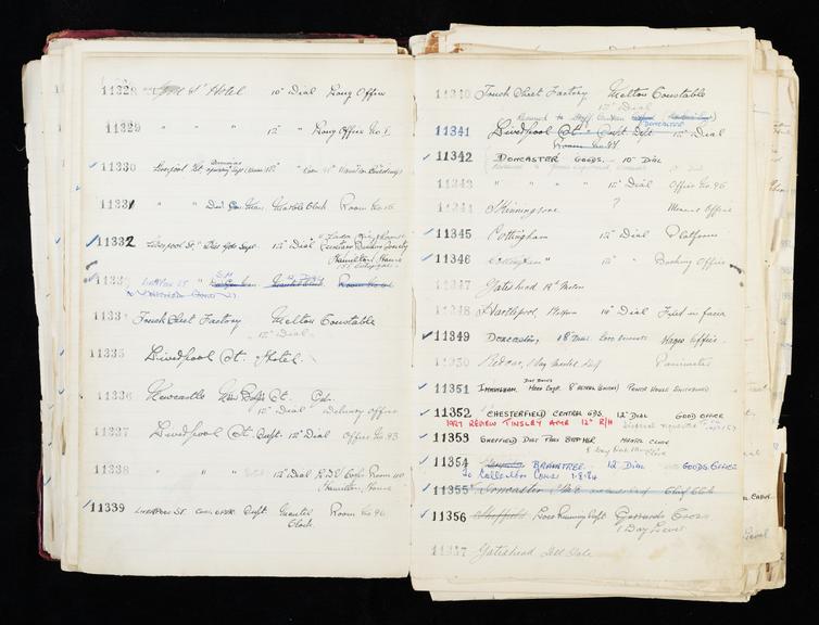 Pages 157 and 158 of London & North Eastern Railway and successors clock record ledger no. 3 covering clock nos. 11328 to 11357