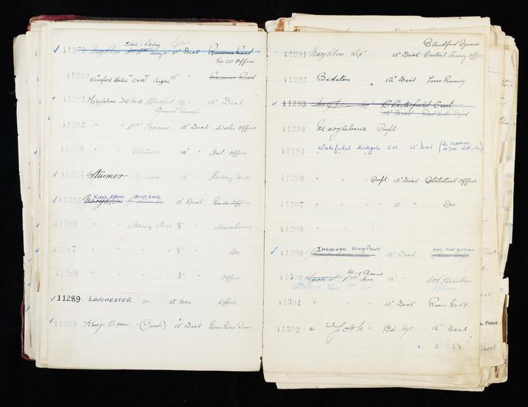 Pages 153 and 154 of London & North Eastern Railway and successors clock record ledger no. 3 covering clock nos. 11279 to 11302