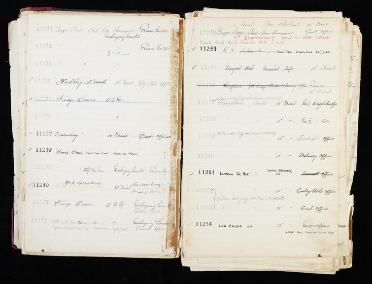 Pages 149 and 150 of London & North Eastern Railway and successors clock record ledger no. 3 covering clock nos. 11231 to 11254