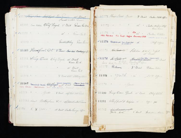 Pages 143 and 144 of London & North Eastern Railway and successors clock record ledger no. 3 covering clock nos. 11159 to 11182