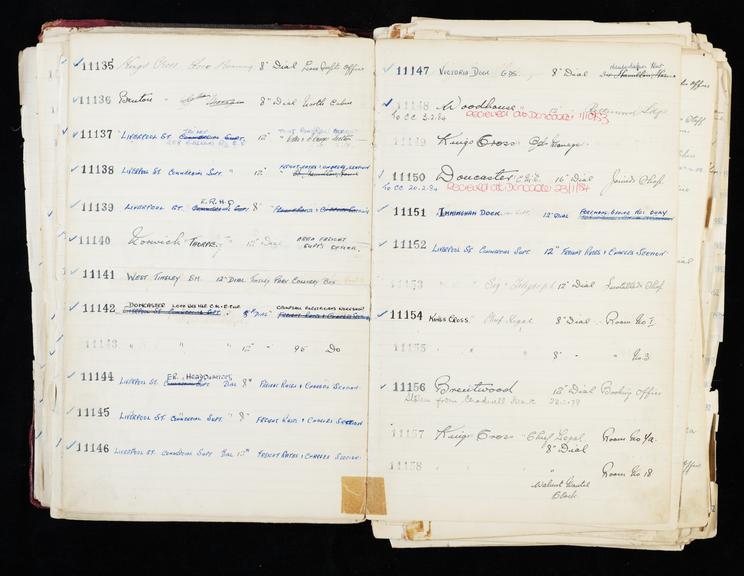 Pages 141 and 142 of London & North Eastern Railway and successors clock record ledger no. 3 covering clock nos. 11135 to 11158