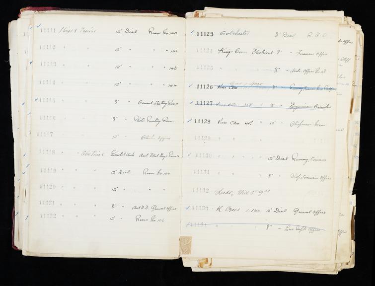 Pages 139 and 140 of London & North Eastern Railway and successors clock record ledger no. 3 covering clock nos. 11111 to 11134