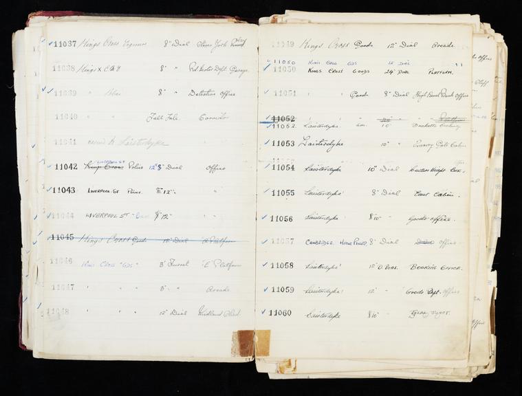 Pages 133 and 134 of London & North Eastern Railway and successors clock record ledger no. 3 covering clock nos. 11037 to 11060