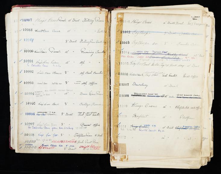 Pages 129 and 130 of London & North Eastern Railway and successors clock record ledger no. 3 covering clock nos. 10987 to 11012