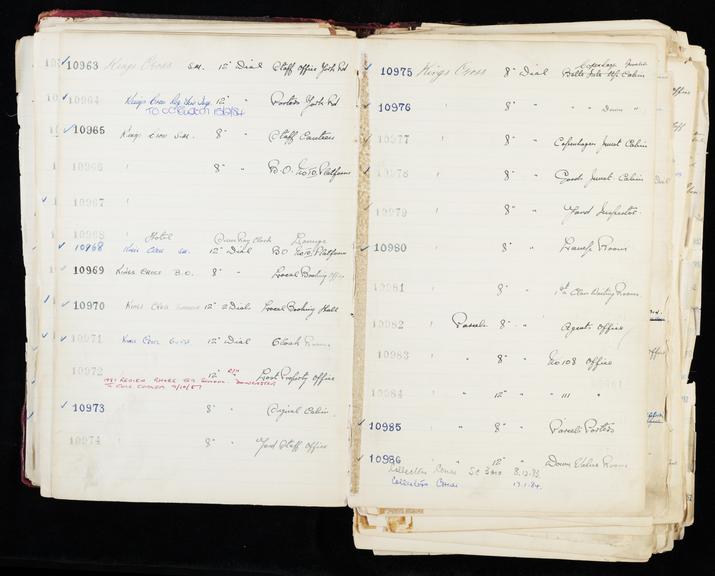 Pages 127 and 128 of London & North Eastern Railway and successors clock record ledger no. 3 covering clock nos. 10963 to 10986